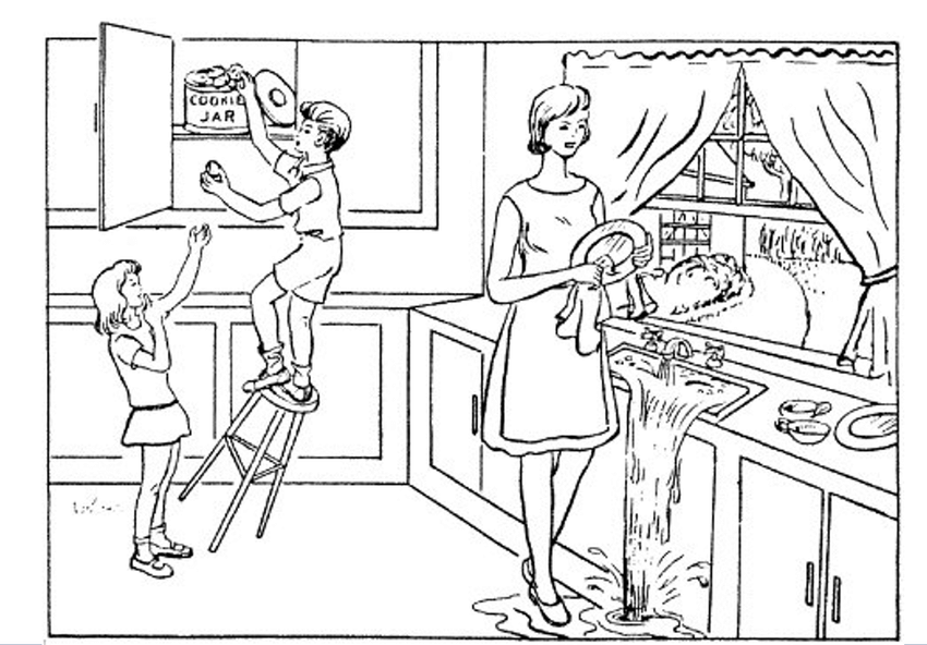 The Cookie Theft picture: a kitchen scene with a boy on a stool taking cookies and a woman washing dishes as the sink overflows